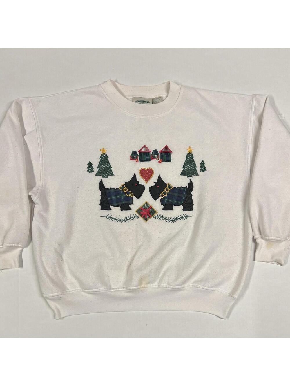 Vintage Ugly Christmas Sweater Scottie Dog Separate Issue Sz L Distressed Stains